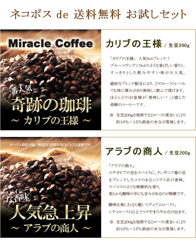 珈琲の王国Beans510 / ネコポス de 送料無料お試しセット(200g×2種/生豆時)